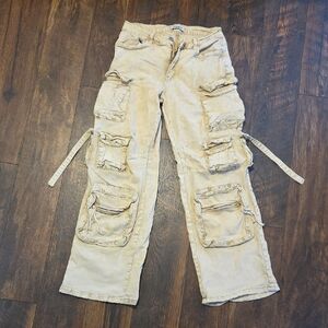 Beige/Tan Cargo Utility Pants with Multiple Pockets